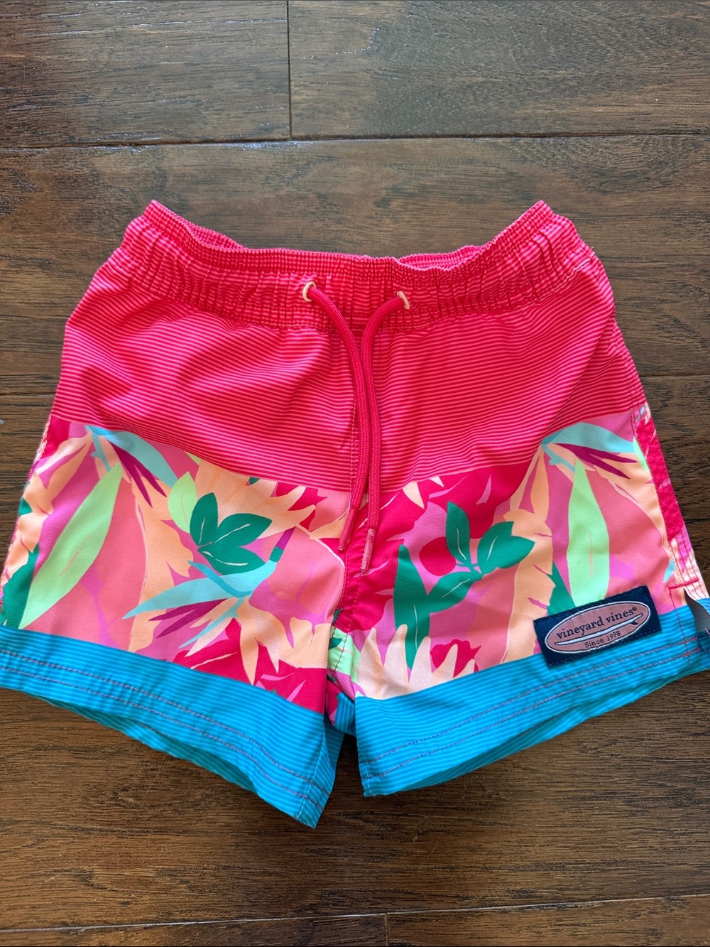 Vineyard Vines Kids Hot Pink Tropical Swim Trunks with Teal Trim